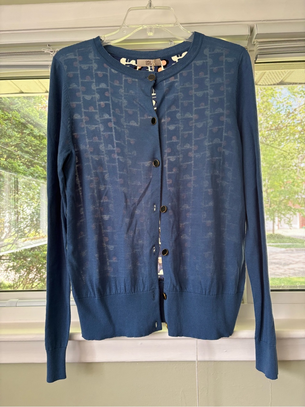 Orla Kiely Blue Sheer-Pattern Button Cardigan